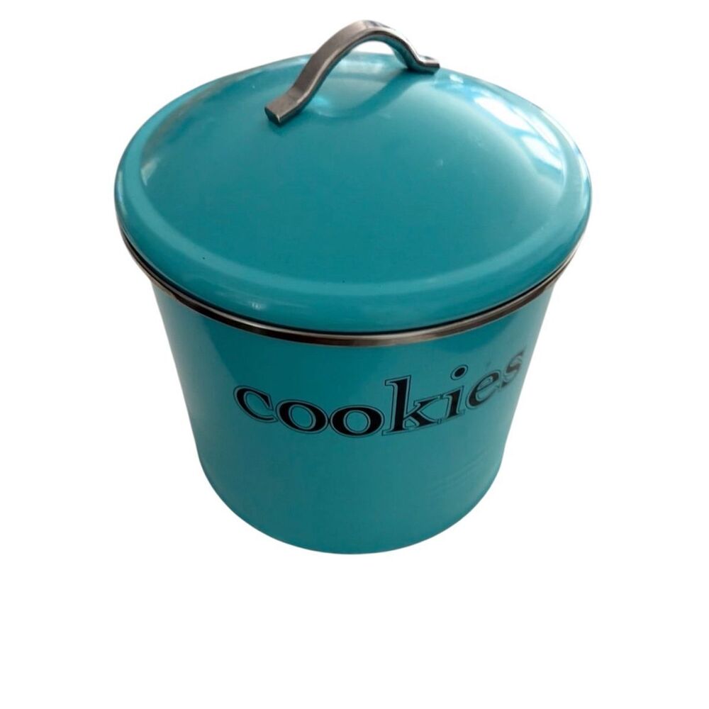 No Brand Turquoise Blue Cookie Jar Farmhouse Decor Silver Handle